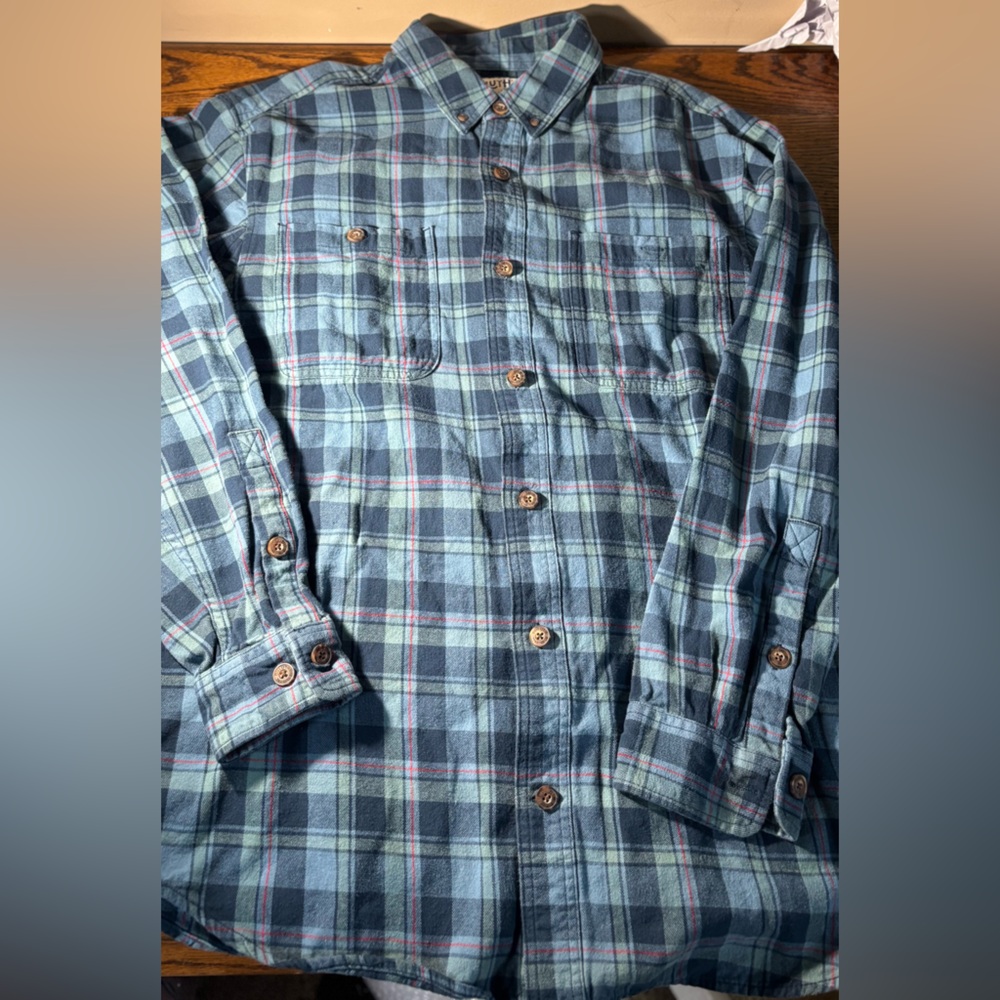 Duluth Trading Co Green and Blue Plaid Shirt L Relaxed Fit